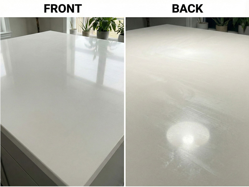 Front and back comparison showing haze from improper quartz countertops cleaning