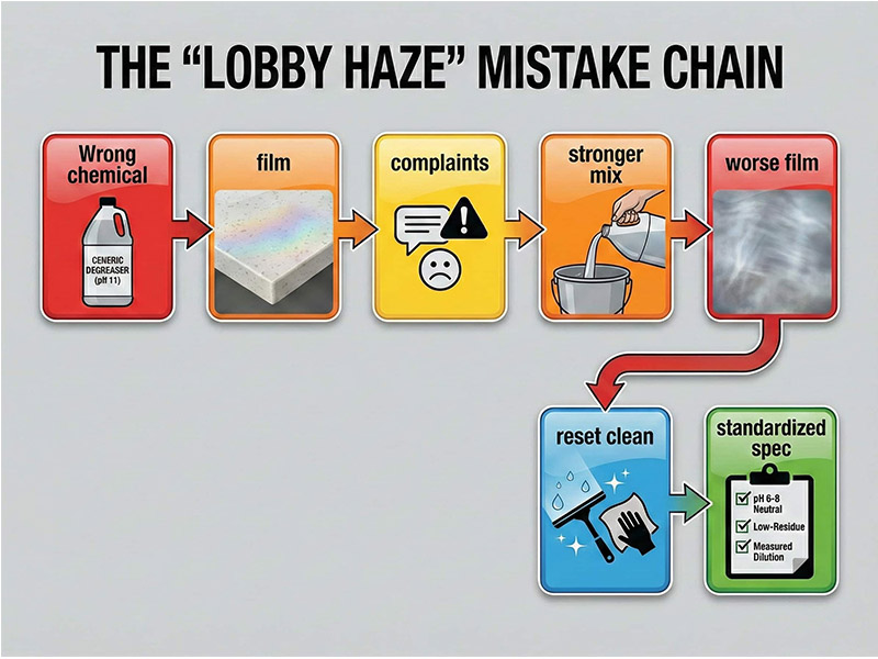 Quartz countertops cleaning mistake chain showing haze, reset clean, standardized cleaner spec