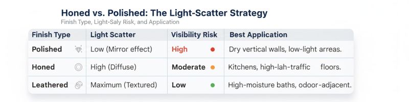 Comparison of honed, polished, and leathered stone finishes Comparison of honed, polished, and leathered stone finishes