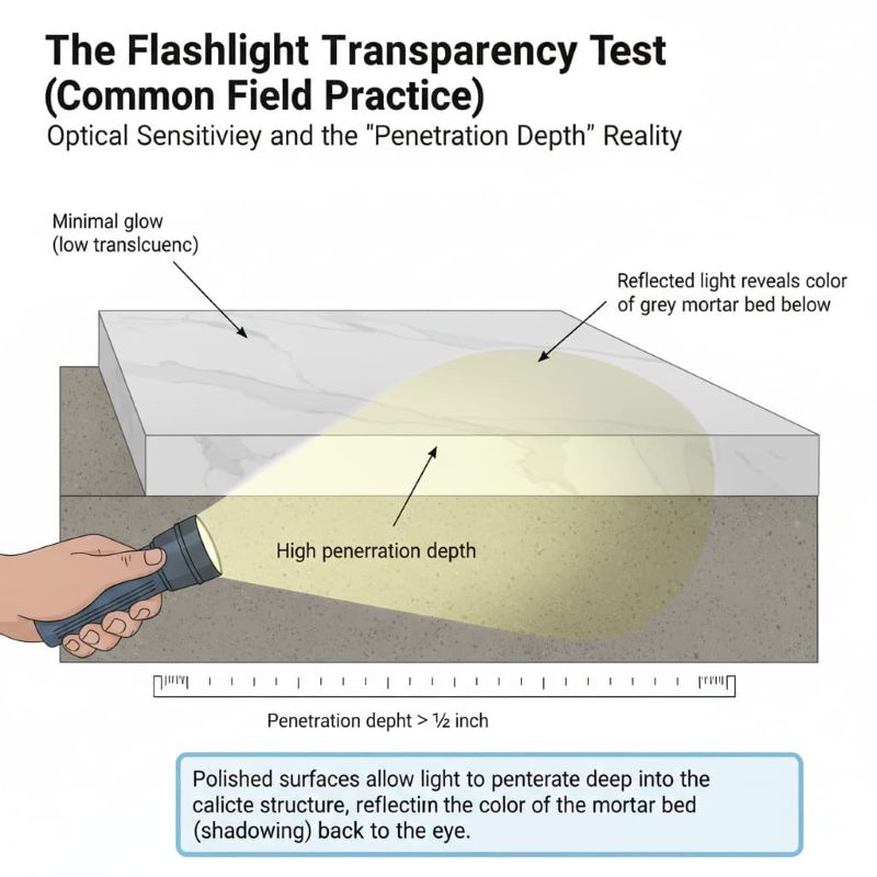 Flashlight shining through stone revealing mortar bed below. Flashlight shining through stone revealing mortar bed below.