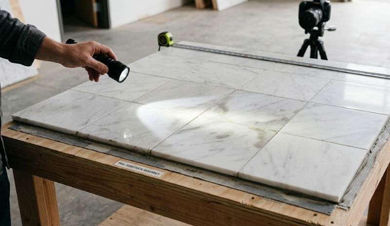 Flashlight test revealing moisture discoloration in marble tiles