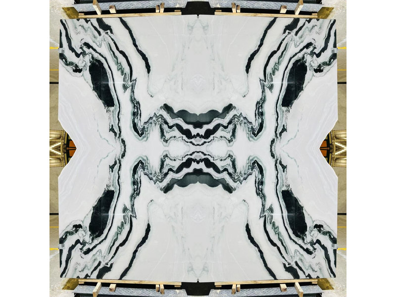 Bookmatched Panda White marble slab symmetrical pattern. Bookmatched Panda White marble slab symmetrical pattern.