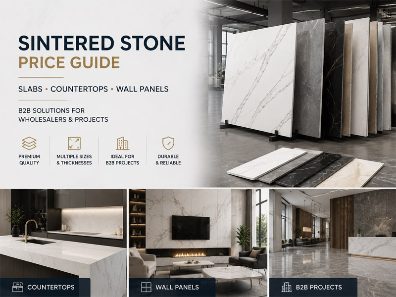Sintered stone slabs, countertop samples and wall panel applications displayed for B2B buyers Sintered stone slabs countertop samples and wall panel applications for B2B buyers