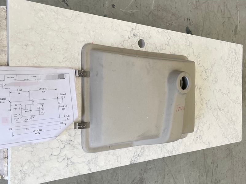 White Veined Quartz Vanity Top with Sink Cutout White Veined Quartz Vanity Top with Sink Cutout