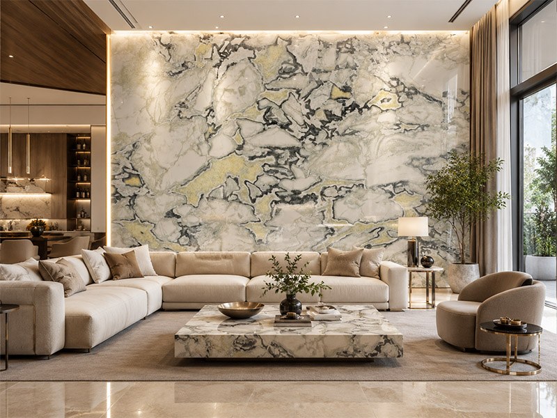 Italian Fendi White Marble villa feature wall with dramatic ink-like veins
