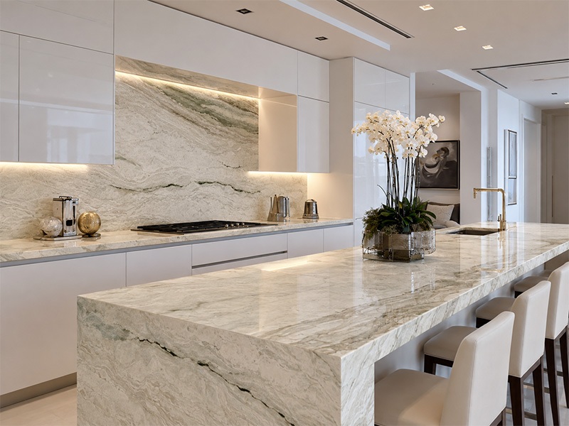 Italian Fendi White Marble kitchen island with a waterfall edge