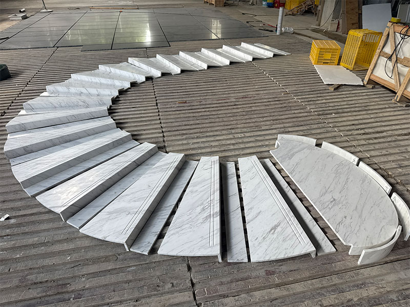 Custom Volakas marble staircase pieces and cut-to-size curved components