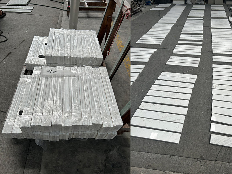 Volakas marble trim strips sorted and grouped with protective wrapping for packing