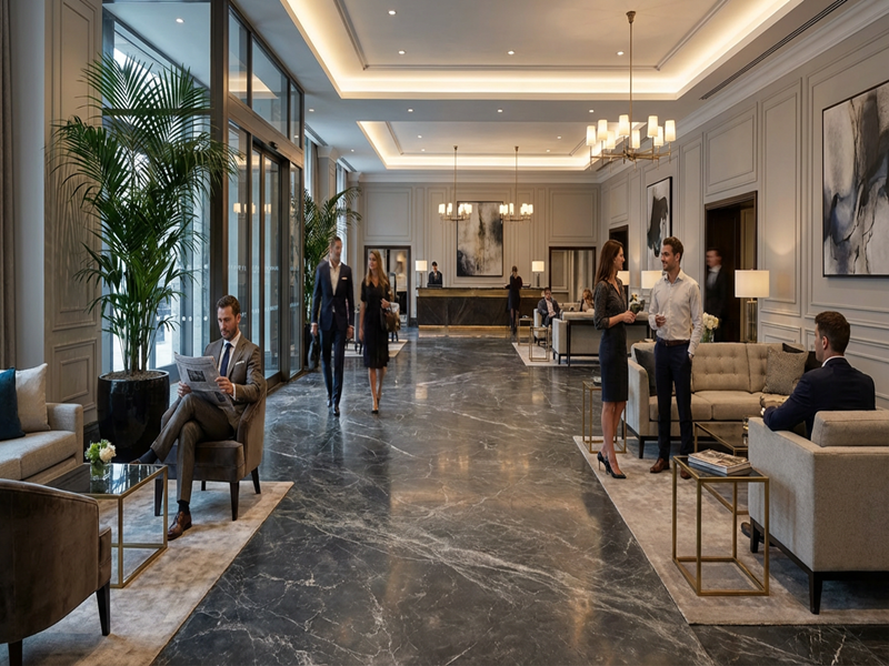 Hermes Grey Marble flooring installed in a hotel lobby showing the natural white vein pattern