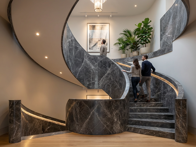 Hermes Grey Marble curved staircase showing shaped natural stone treads