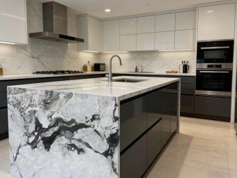 Da Vinci Marble Kitchen Island, Curved Marble Countertop, Backlit Marble Furniture, Luxury Italian Stone Design