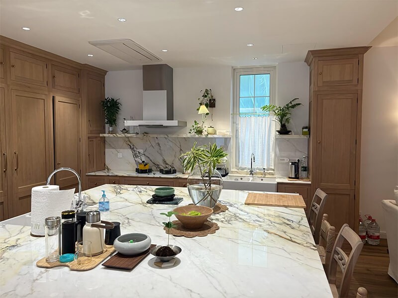 Paonazzo Marble kitchen island and backsplash application