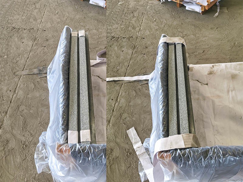 Protected rounded edges of Cambodia G654 granite pool coping before packing