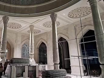 White Magnolia Marble columns installed during Kazakhstan mosque construction