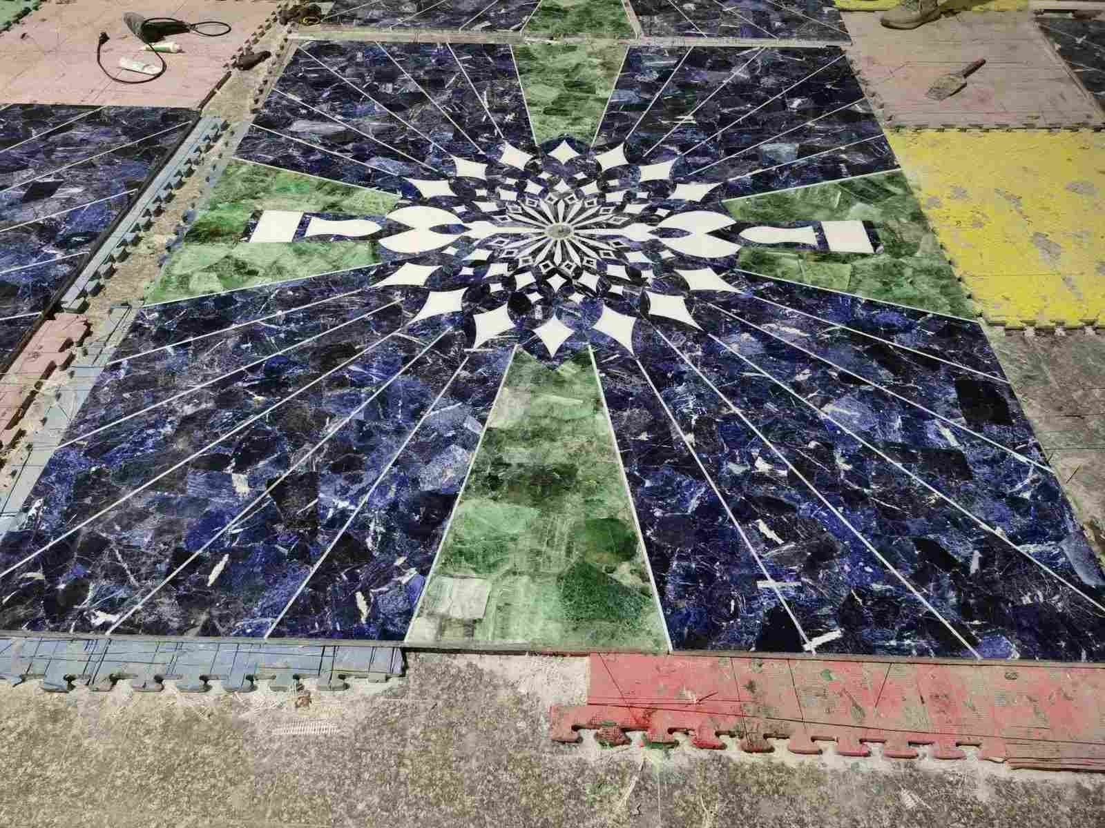 Blue and green natural stone waterjet geometric inlay assembled at factory