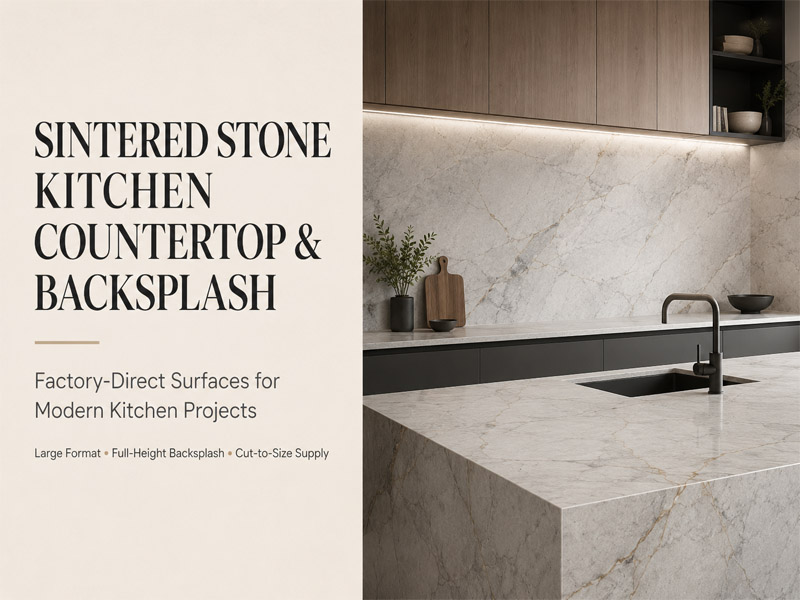 Sintered Stone Kitchen Countertop and Backsplash: Matching Slabs, Cutting and Project Supply