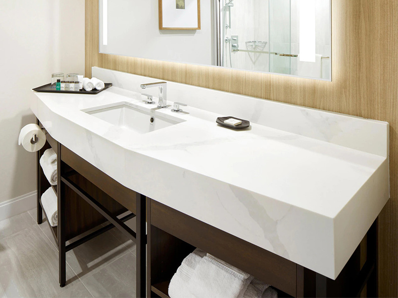 Guest Bathroom Vanity Top Done by Statuario Quartz in Sheraton Montreal